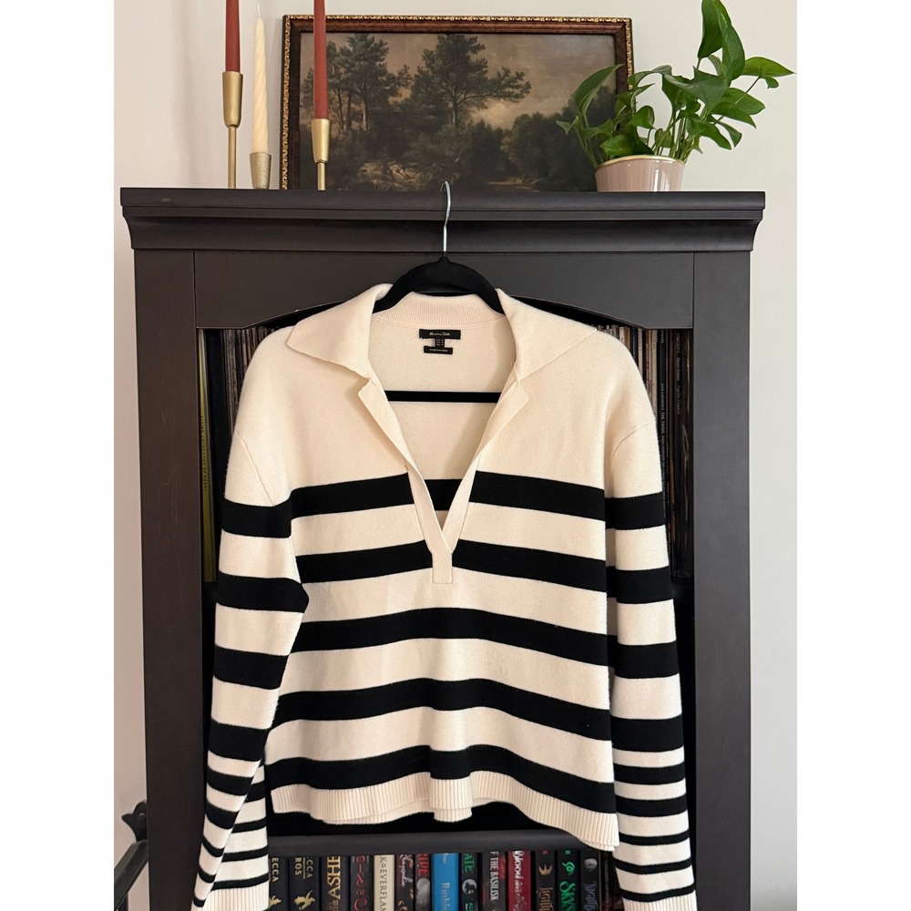 Massimo Dutti Striped Knit Polo Pullover Parisian Nautical Breton Old Money